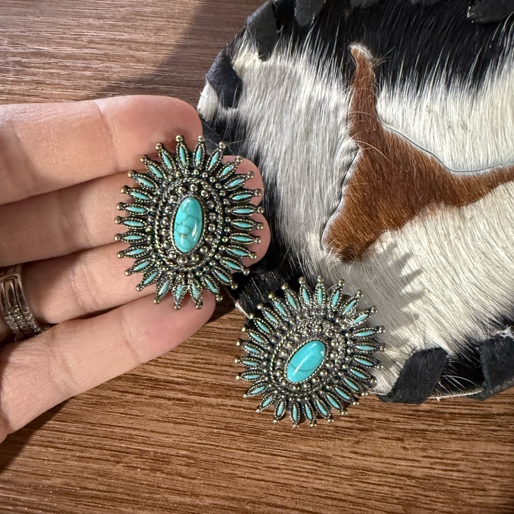 Faux Turquoise and Silver Sunburst Earrings
